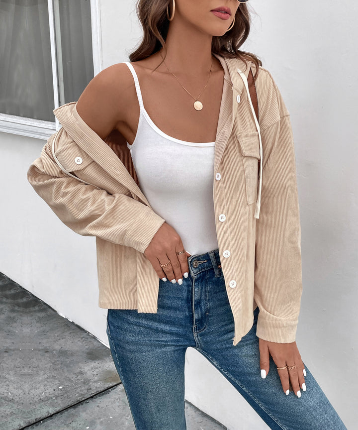 Beige Full Sleeve Corduroy Front Buttoned Hooded Jacket