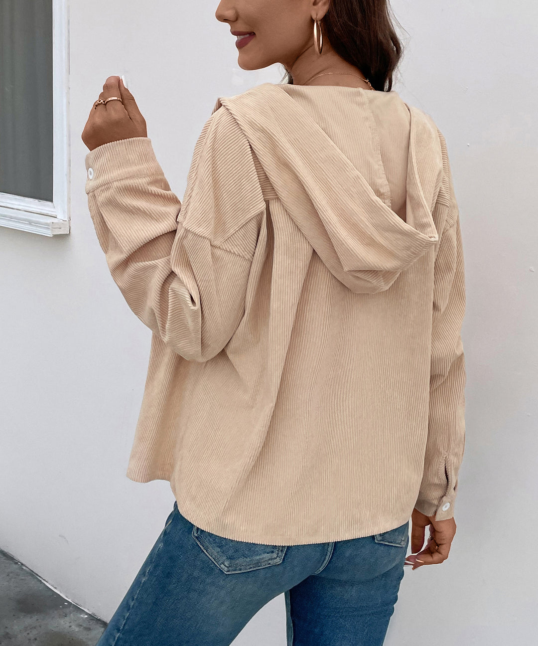 Beige Full Sleeve Corduroy Front Buttoned Hooded Jacket