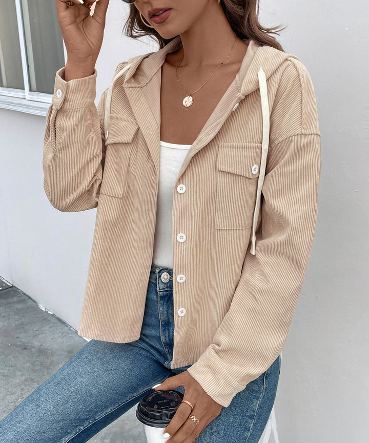 Beige Full Sleeve Corduroy Front Buttoned Hooded Jacket