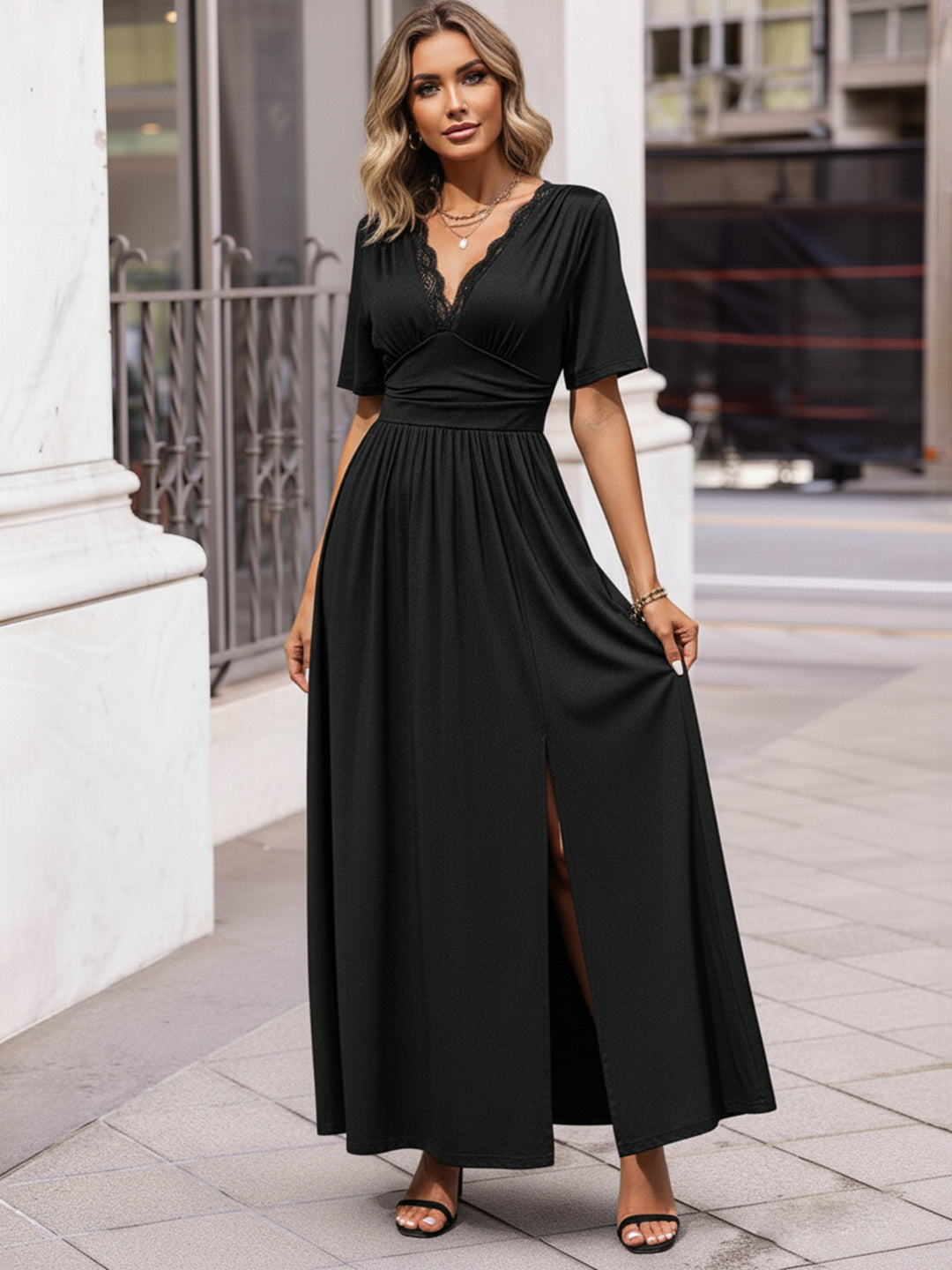 Black Shoulder Strap Slit Dress