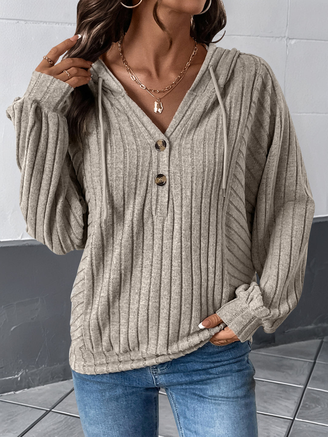 Tan Textured Front Buttoned Hooded Sweatshirt