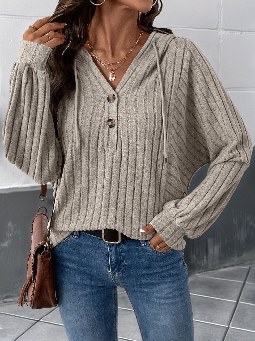 Tan Textured Front Buttoned Hooded Sweatshirt