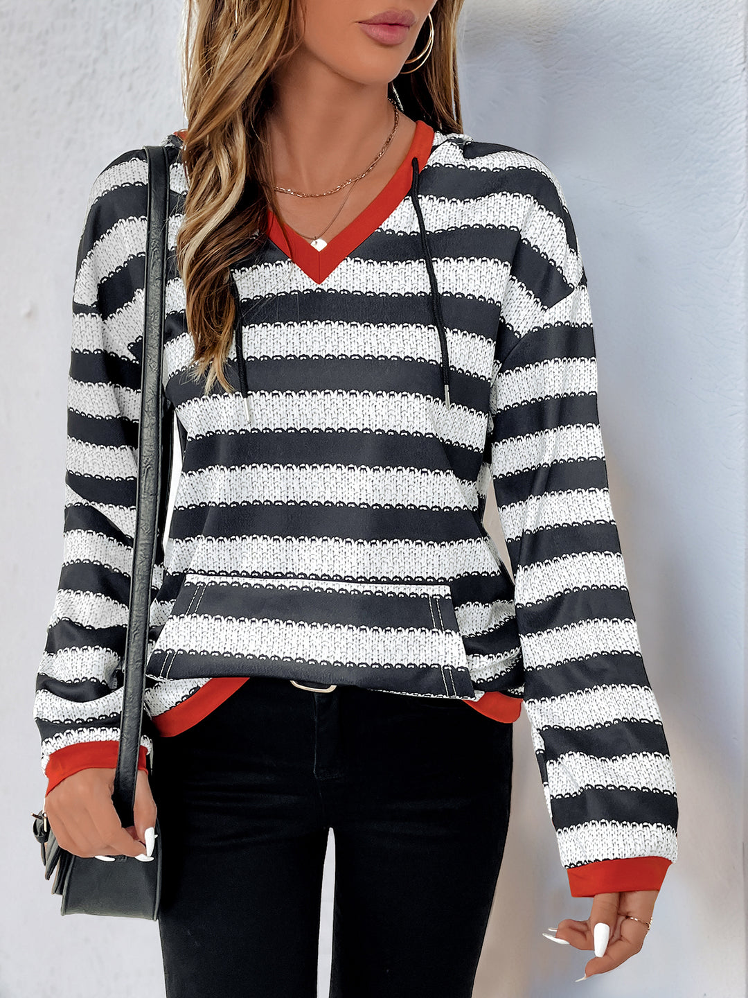 Black Full Sleeve Striped V Neck Sweatshirt