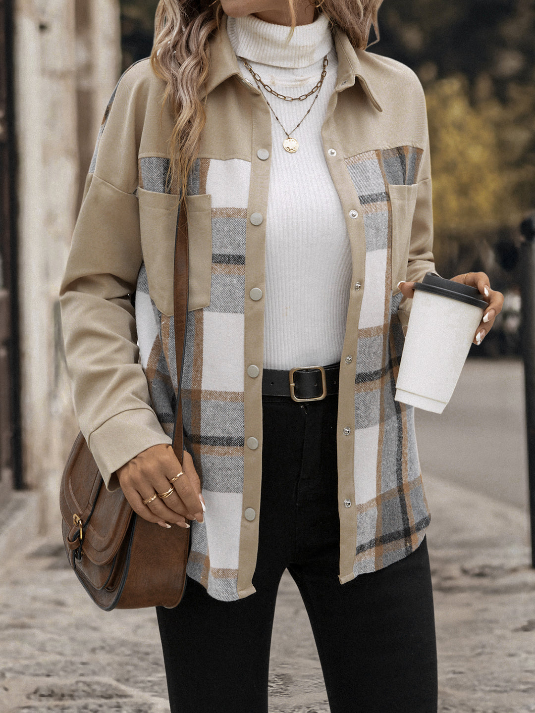 Beige Full Sleeve Plaid Coats