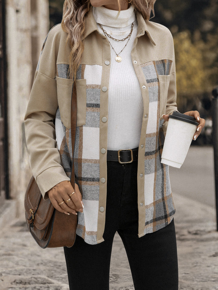 Beige Full Sleeve Plaid Coats