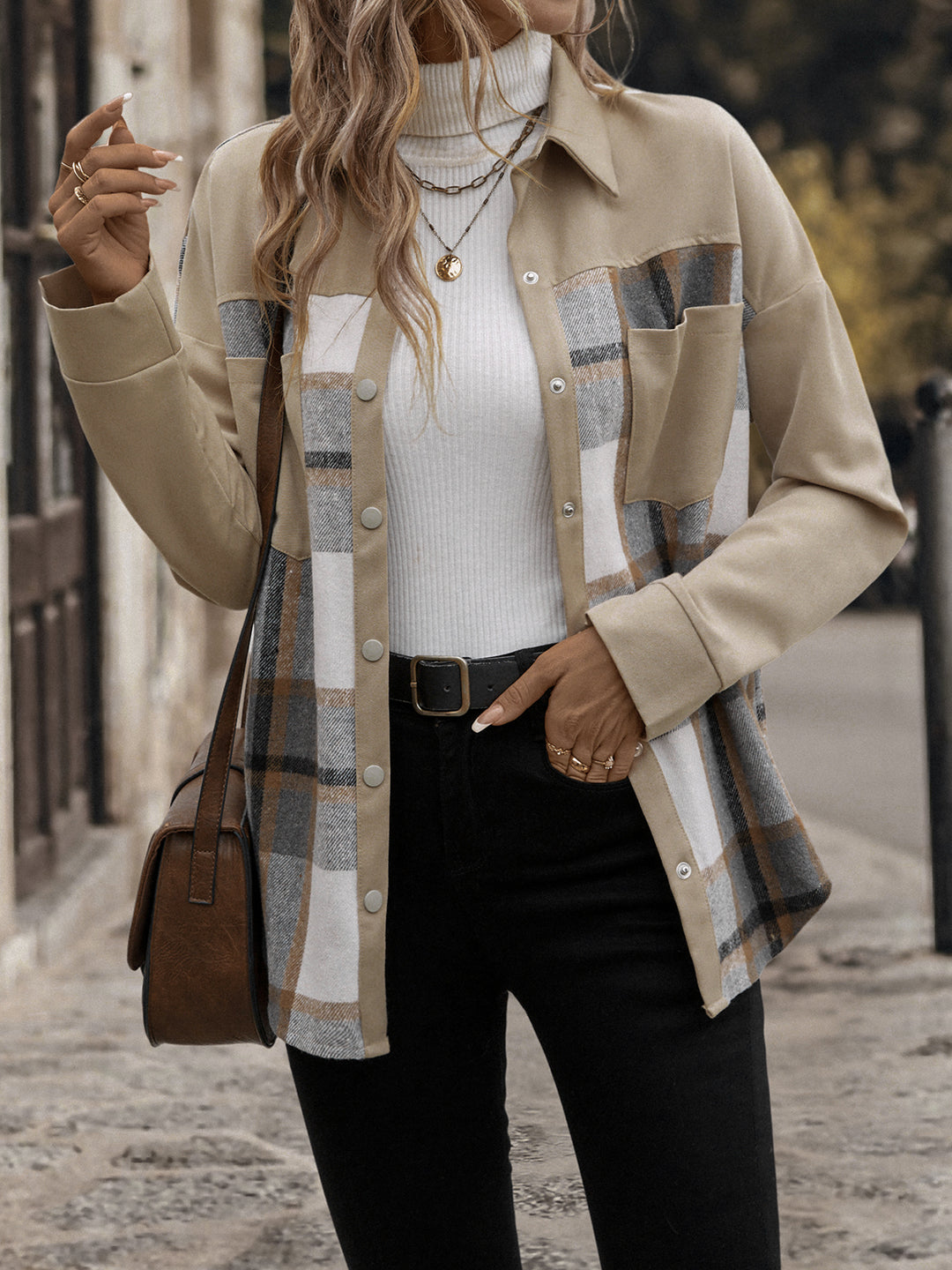 Beige Full Sleeve Plaid Coats