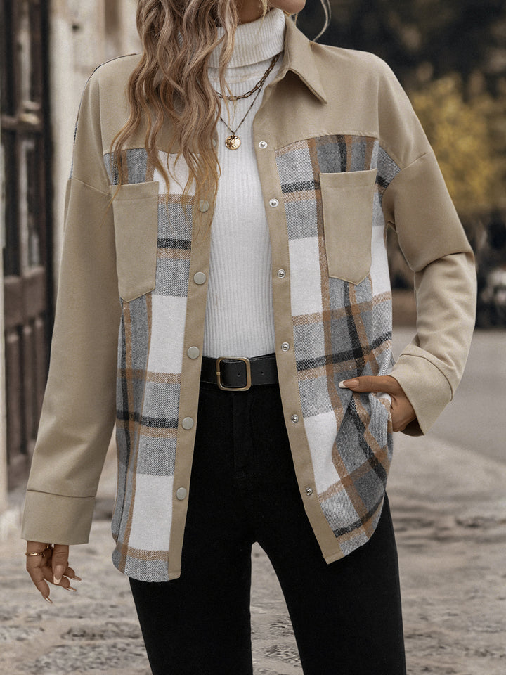 Beige Full Sleeve Plaid Coats