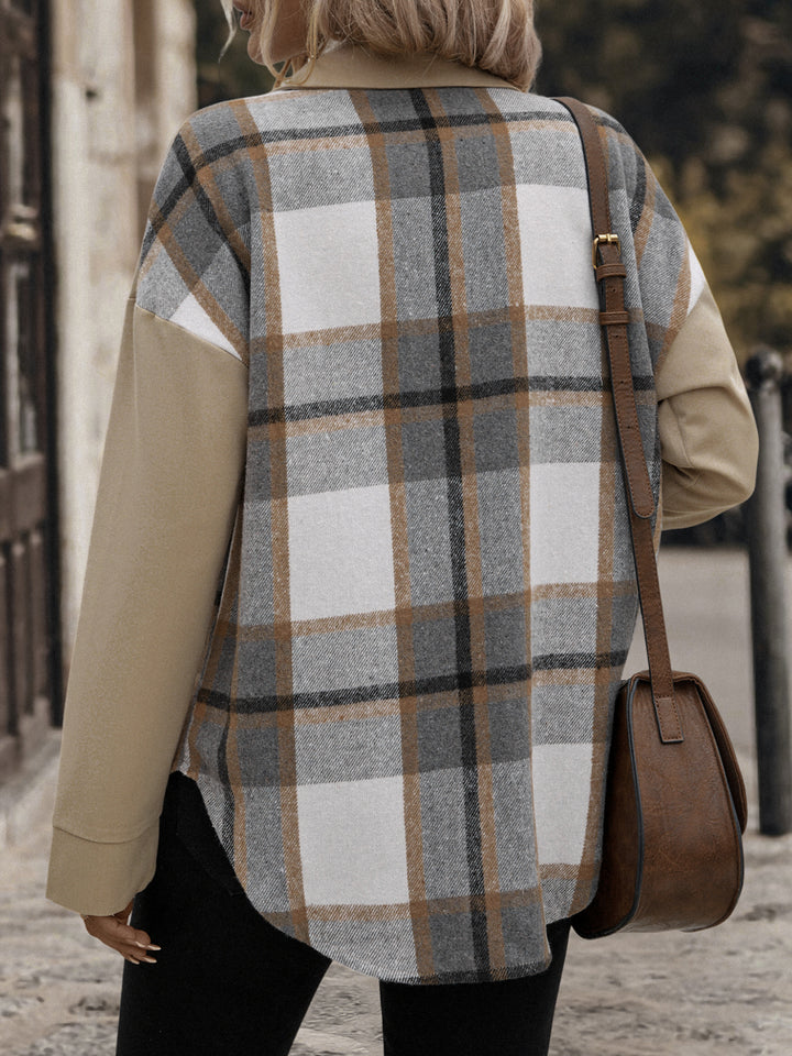 Beige Full Sleeve Plaid Coats