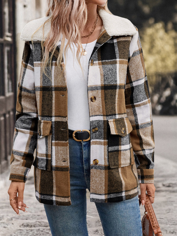 Brown Full Sleeve Fur Collar Plaid Coat