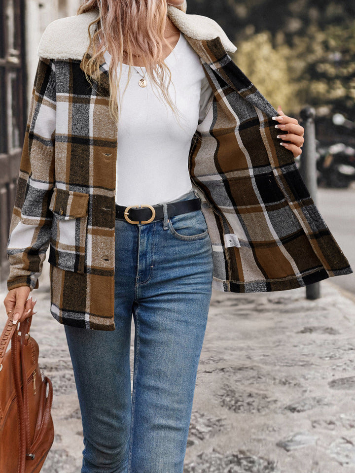 Brown Full Sleeve Fur Collar Plaid Coat