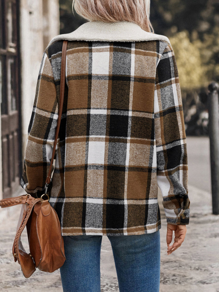 Brown Full Sleeve Fur Collar Plaid Coat