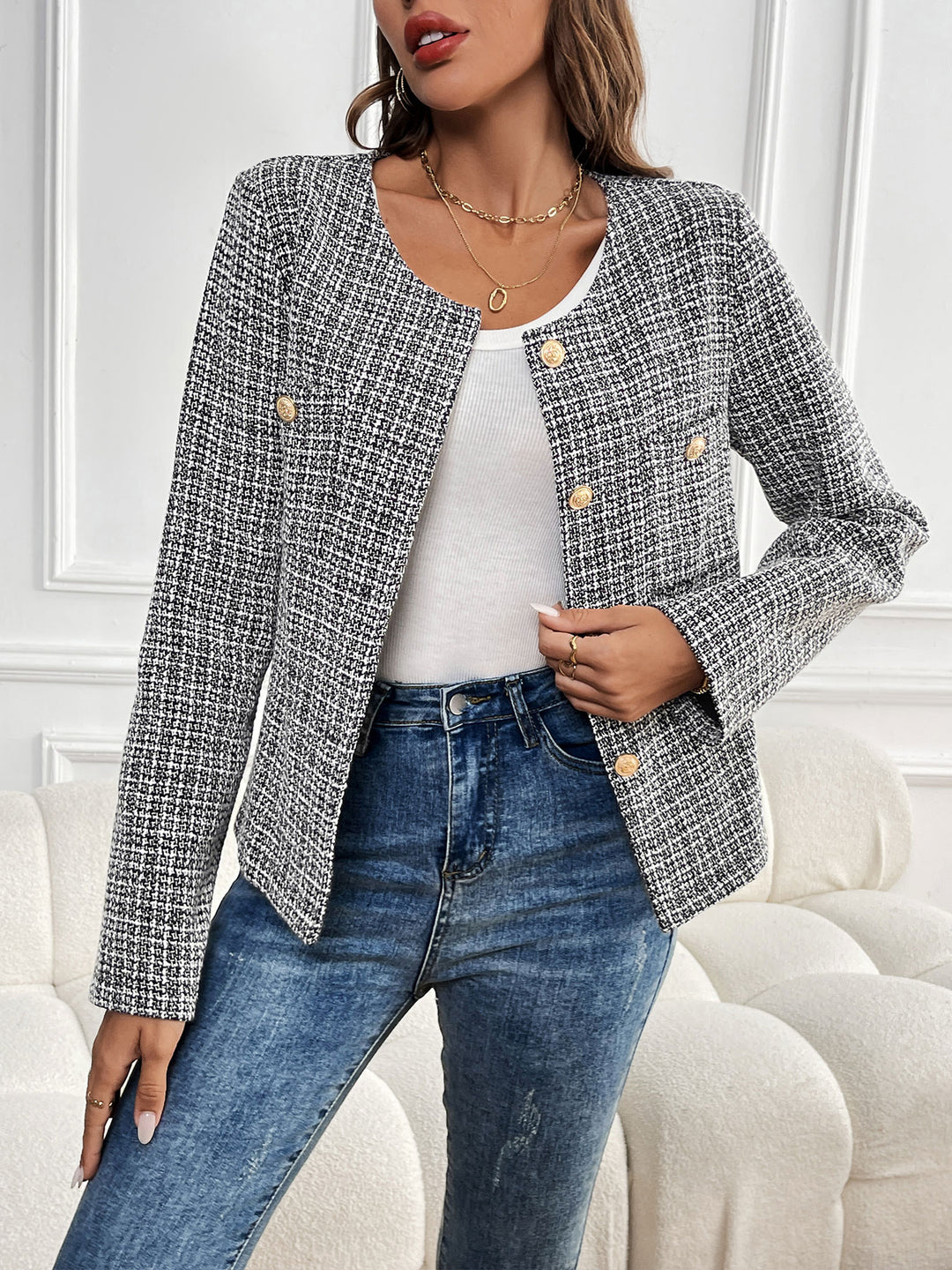 Grey Full Sleeve Front Buttoned Tweed Blazer