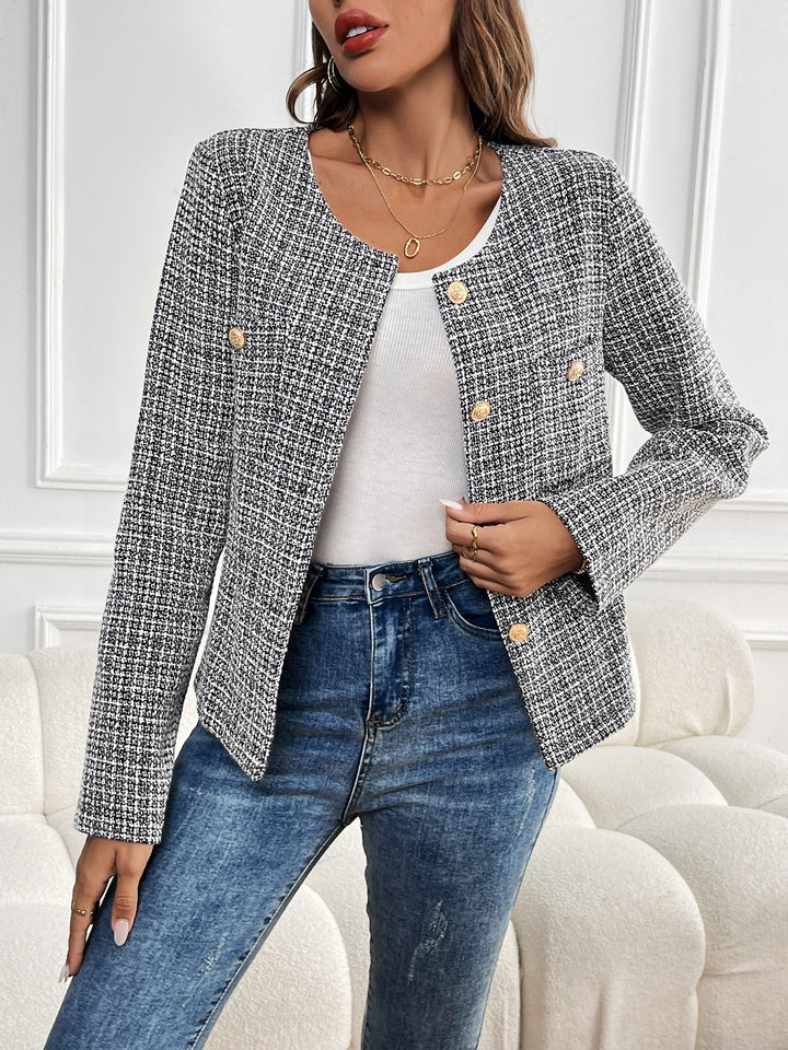 Grey Full Sleeve Front Buttoned Tweed Blazer