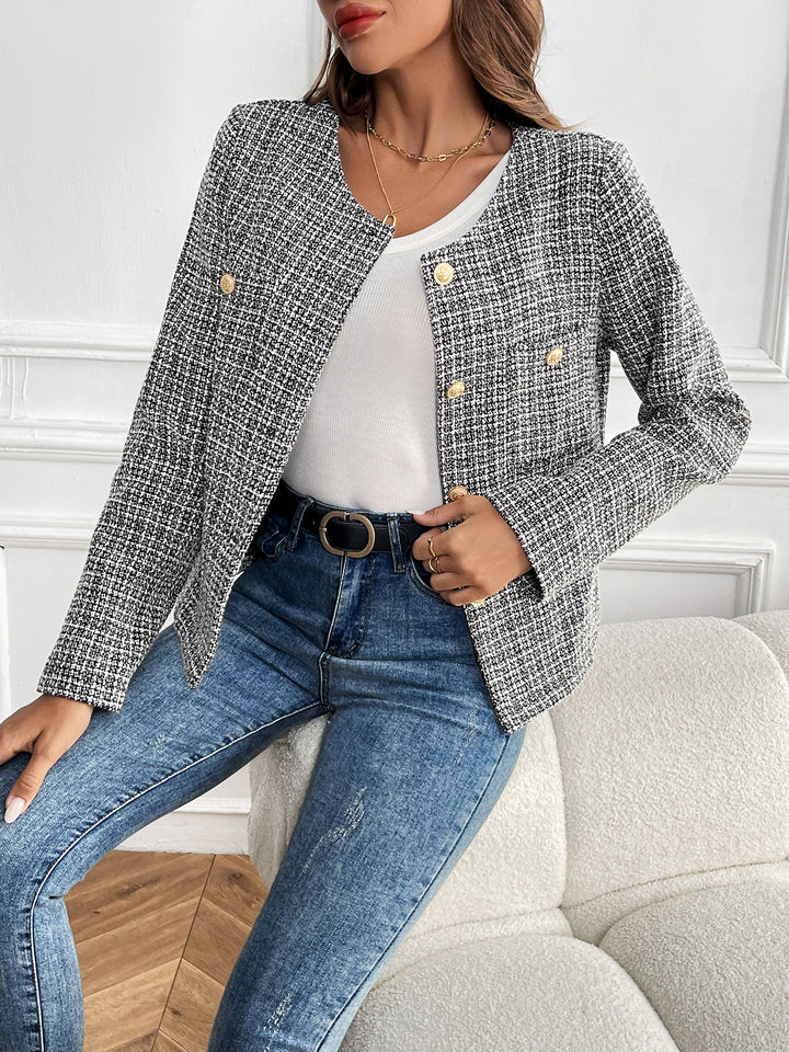 Grey Full Sleeve Front Buttoned Tweed Blazer