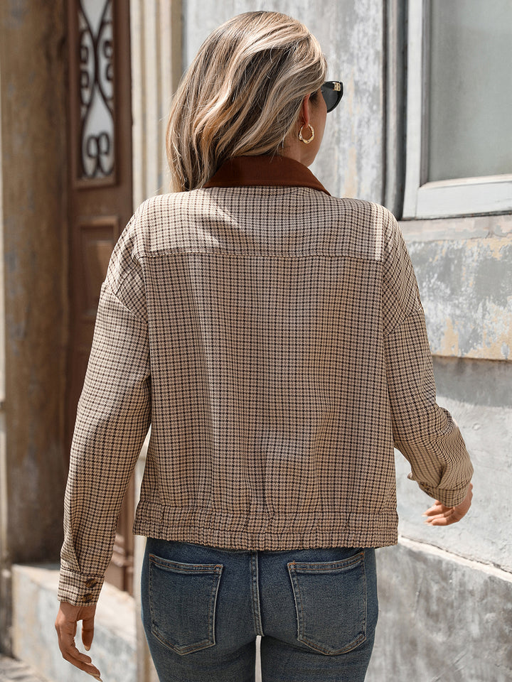 Beige Contrast Collar Zip-Up Jacket