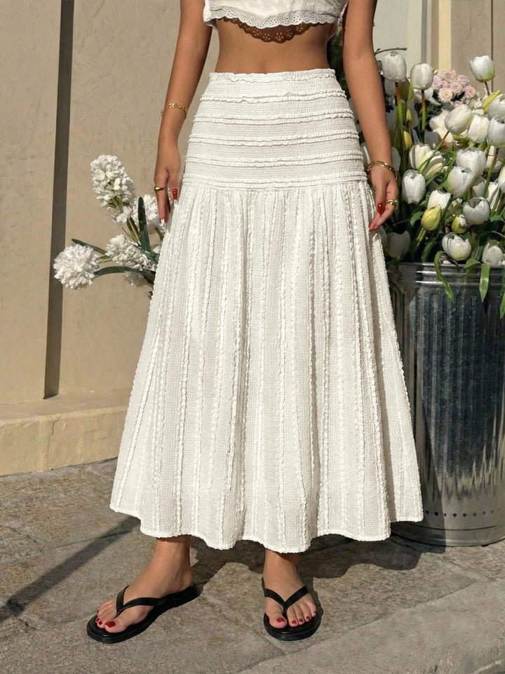 White Waist Fitted Textured Flared Skirt