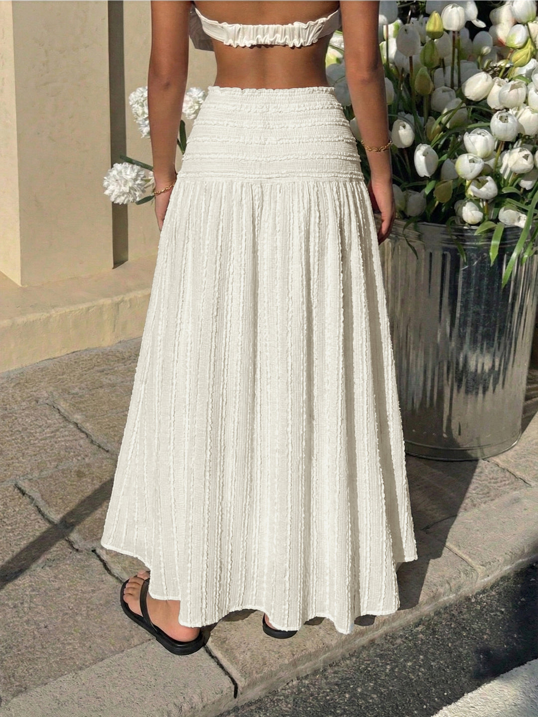 White Waist Fitted Textured Flared Skirt