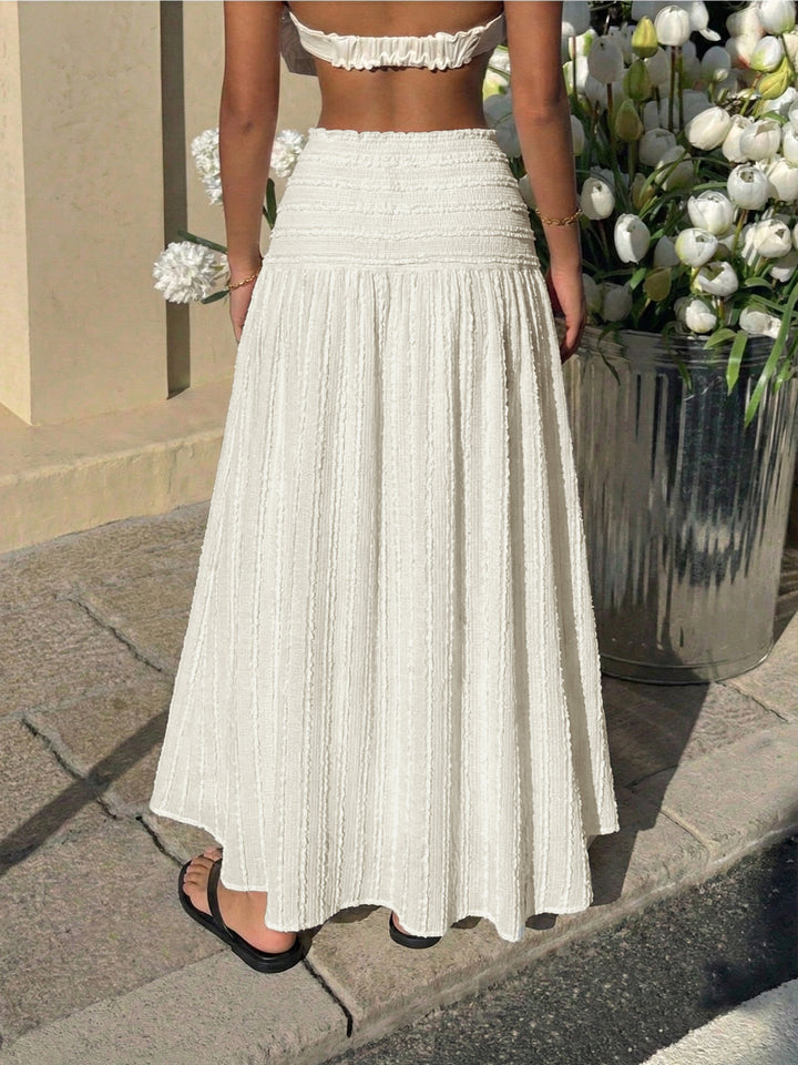 White Waist Fitted Textured Flared Skirt