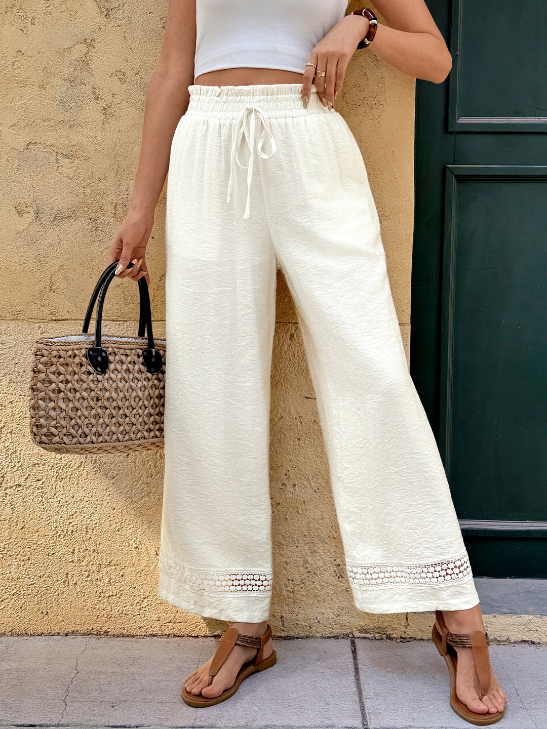 White Waist Elasticated Lace Hem Trousers