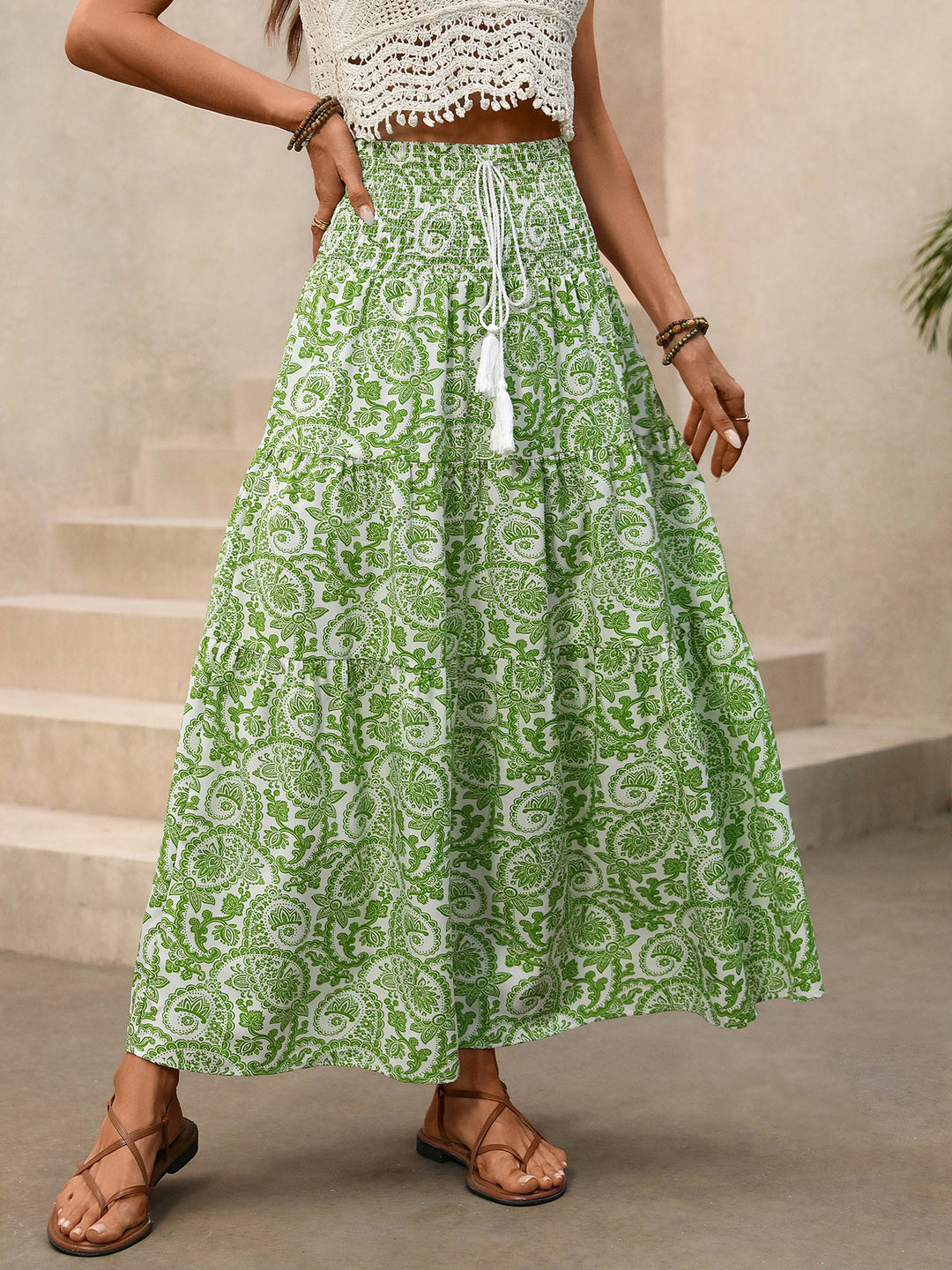 Green Waist Smocked Detail Printed Skirt