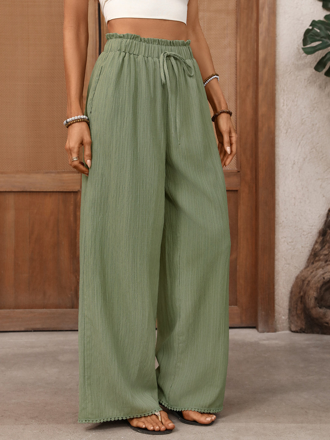 Olive Waist Detail Wide Leg Pant
