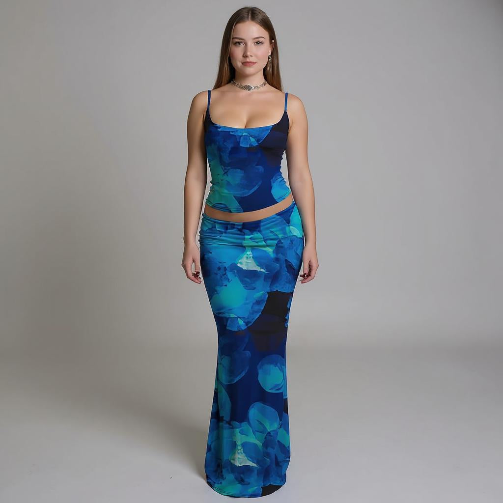 Blue Spaghetti Strap Top With Fitted Skirt Co-Ord Set