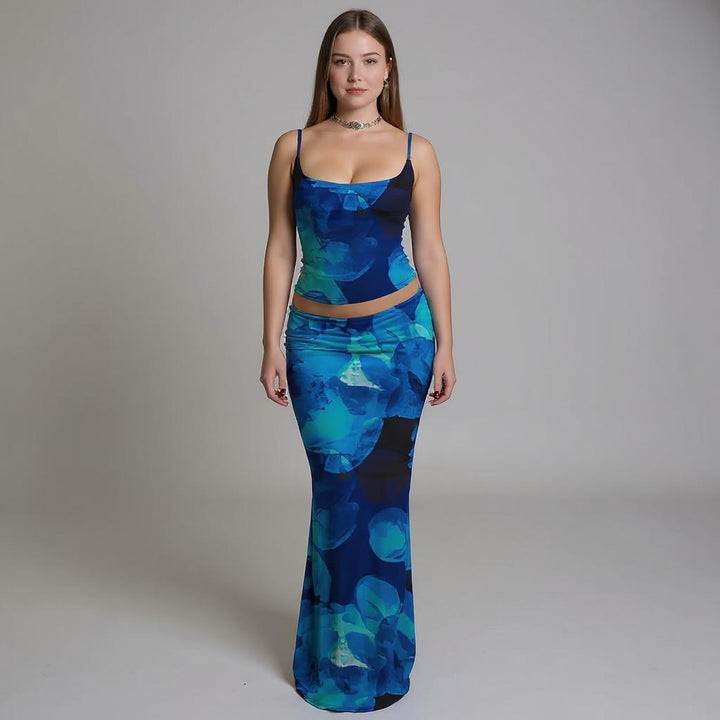 Blue Spaghetti Strap Top With Fitted Skirt Co-Ord Set