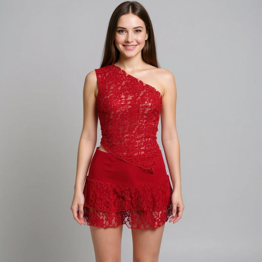 Red Lace One Shoulder Top