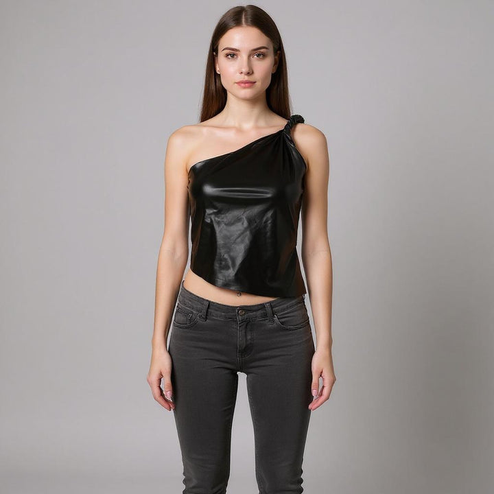 Black Twisted Strap Pu Top