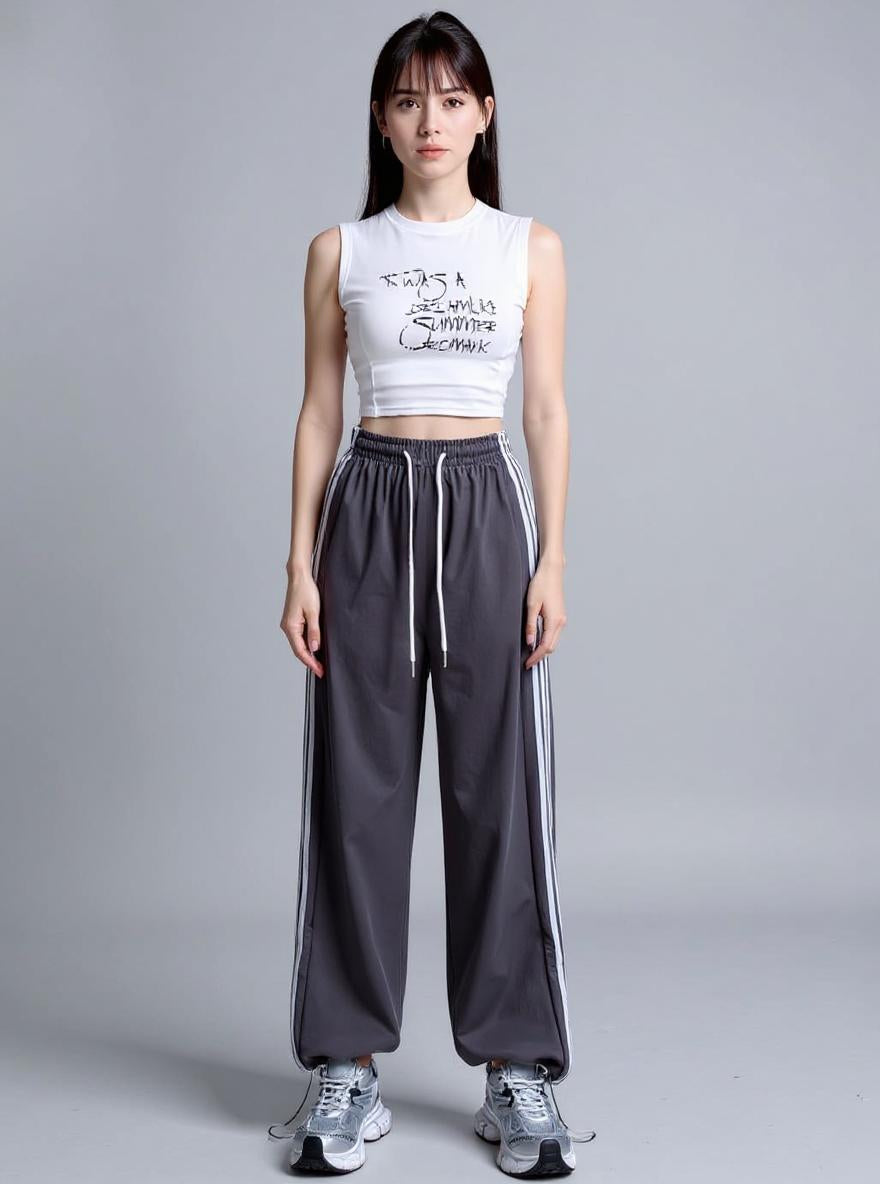 Grey Wide Leg Drawstring Stripe Joggers