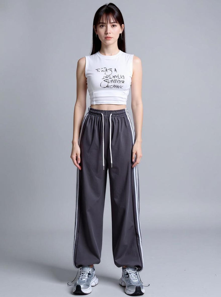Grey Wide Leg Drawstring Stripe Joggers