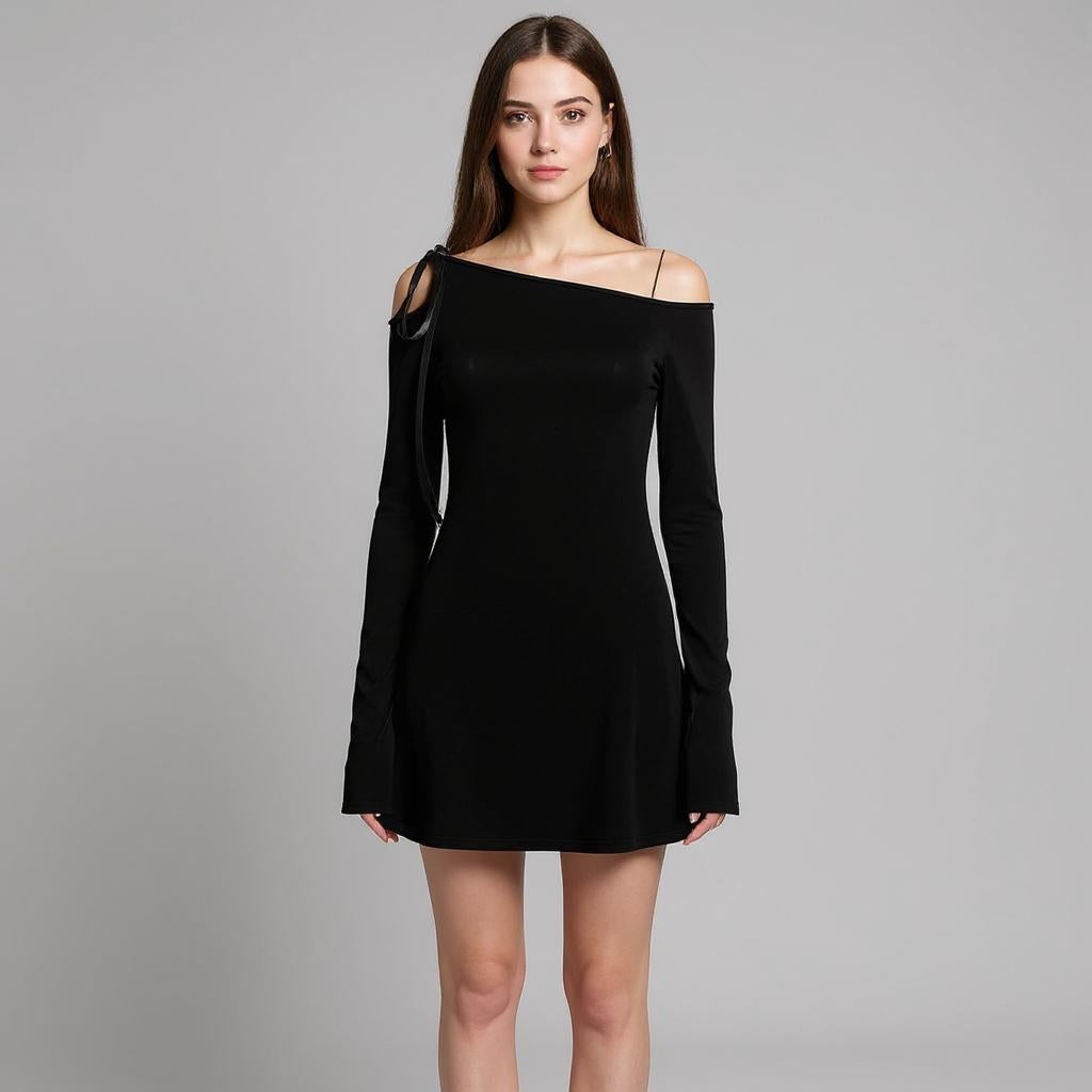 Black One-Shoulder Long-Sleeve Mini Dress