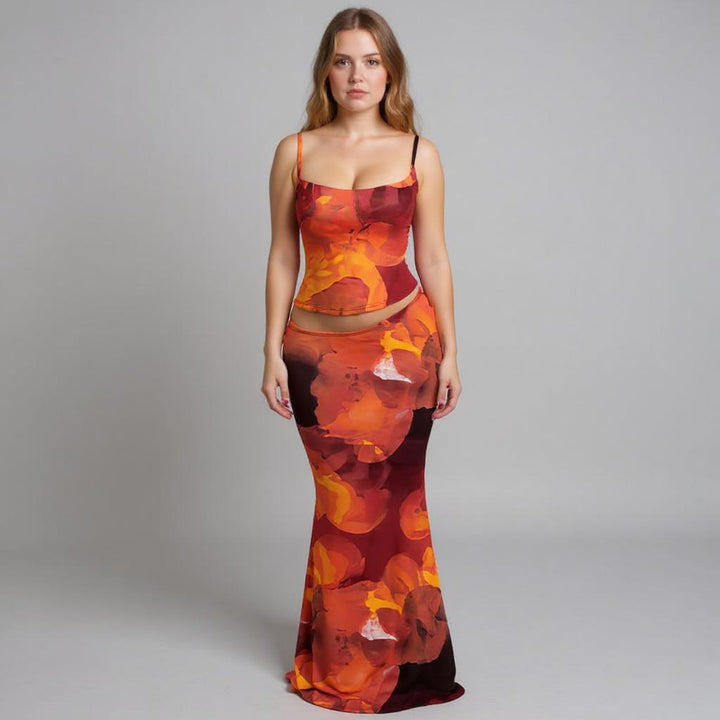 Red Spaghetti Strap Top With Fitted Skirt Co-Ord Set