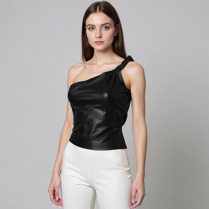 Black Twisted Strap Pu Top