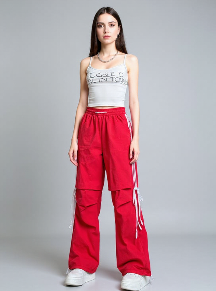 Red Wide Leg Drawstring Stripe Pin Tuck Sweatpants