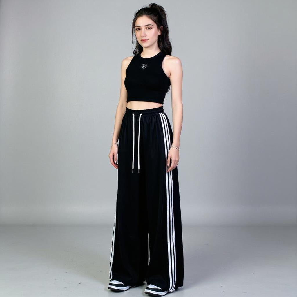 Black Wide Leg Drawstring Stripe Joggers