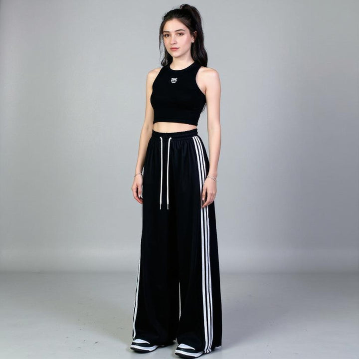 Black Wide Leg Drawstring Stripe Joggers