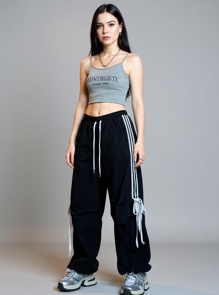Black Wide Leg Drawstring Stripe Pin Tuck Sweatpants