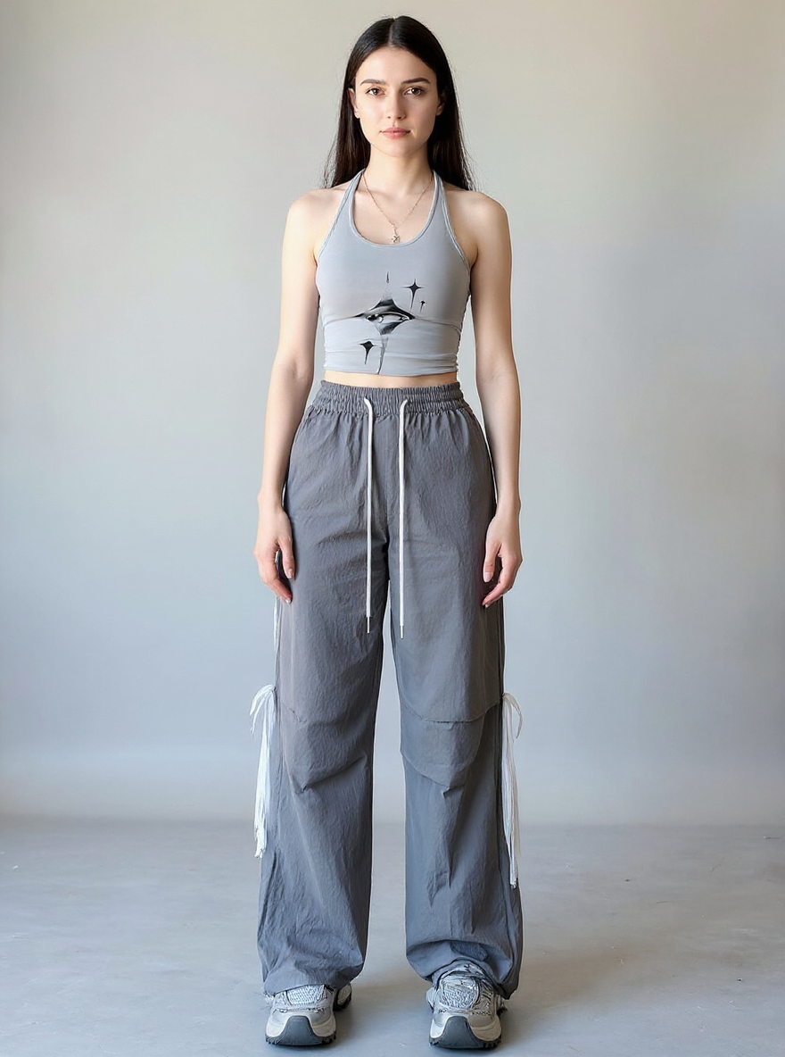 Grey Wide Leg Drawstring Stripe Pin Tuck Sweatpants