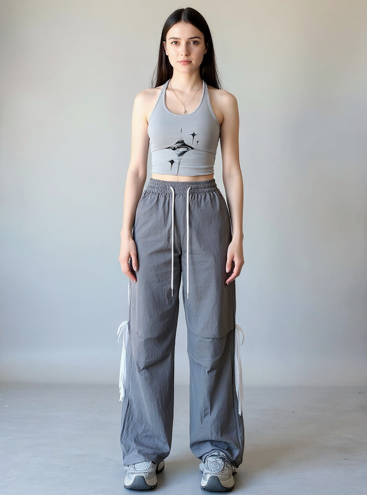 Grey Wide Leg Drawstring Stripe Pin Tuck Sweatpants