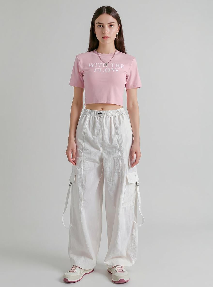 White Straight Fit Drawstring Parachute Cargo Pants