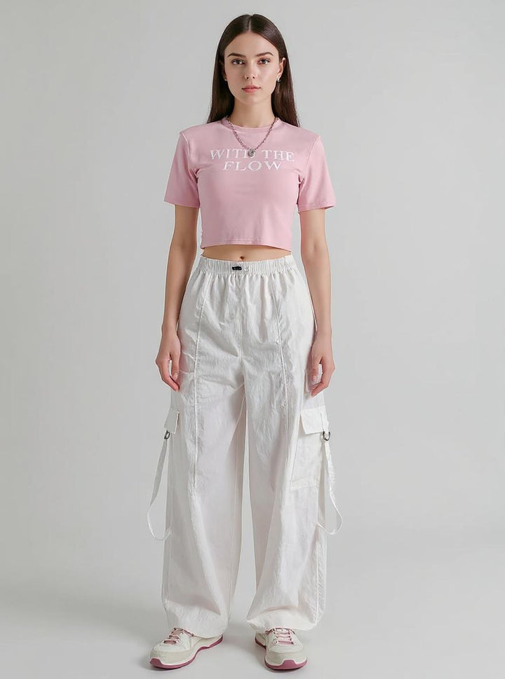 White Straight Fit Drawstring Parachute Cargo Pants