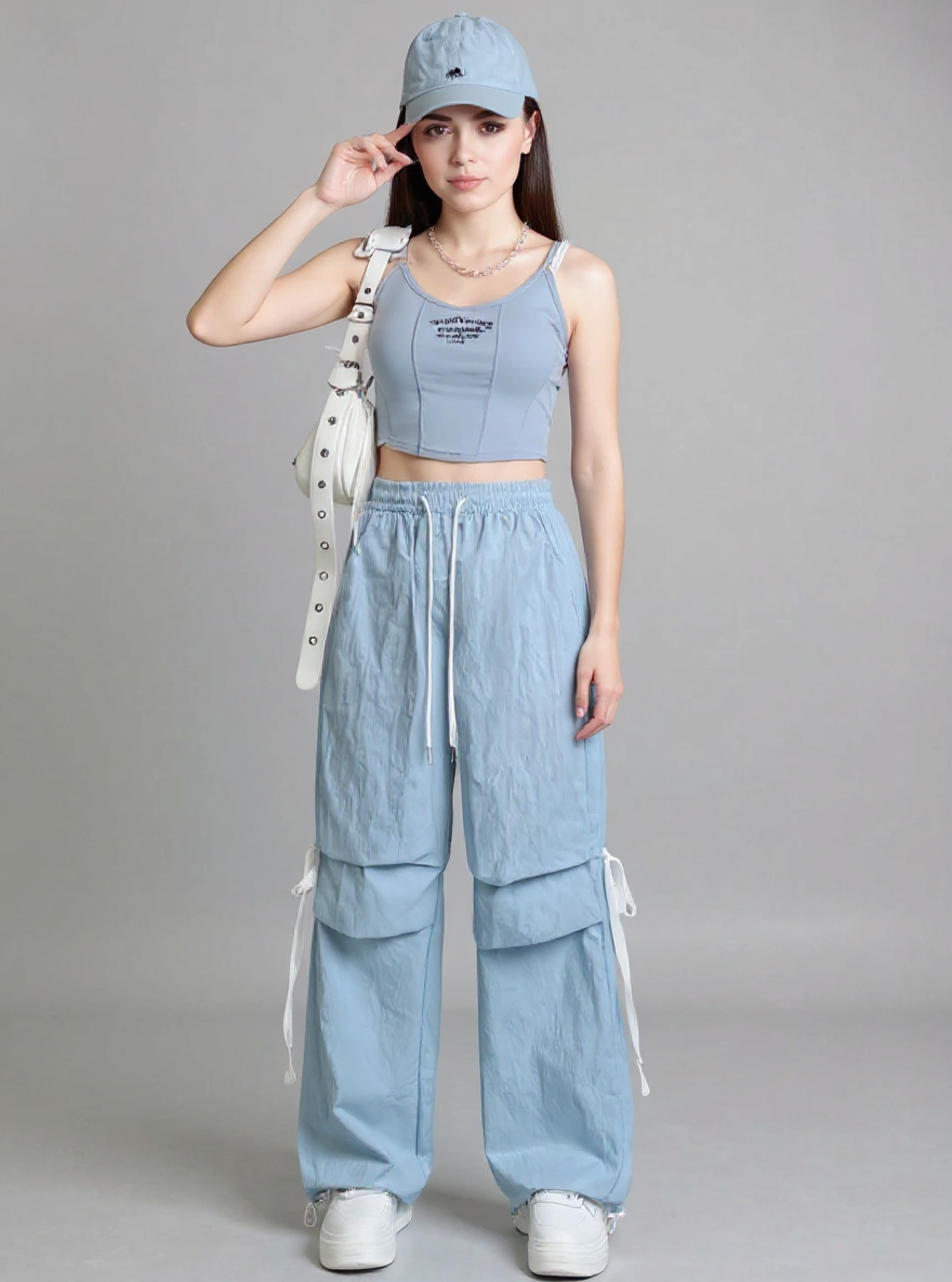 Light Blue Wide Leg Drawstring Stripe Pin Tuck Sweatpants