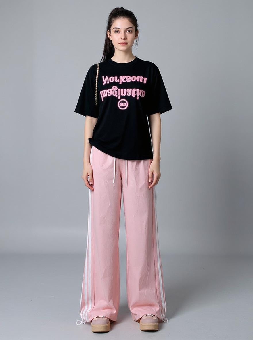 Pink Wide Leg Drawstring Stripe Joggers