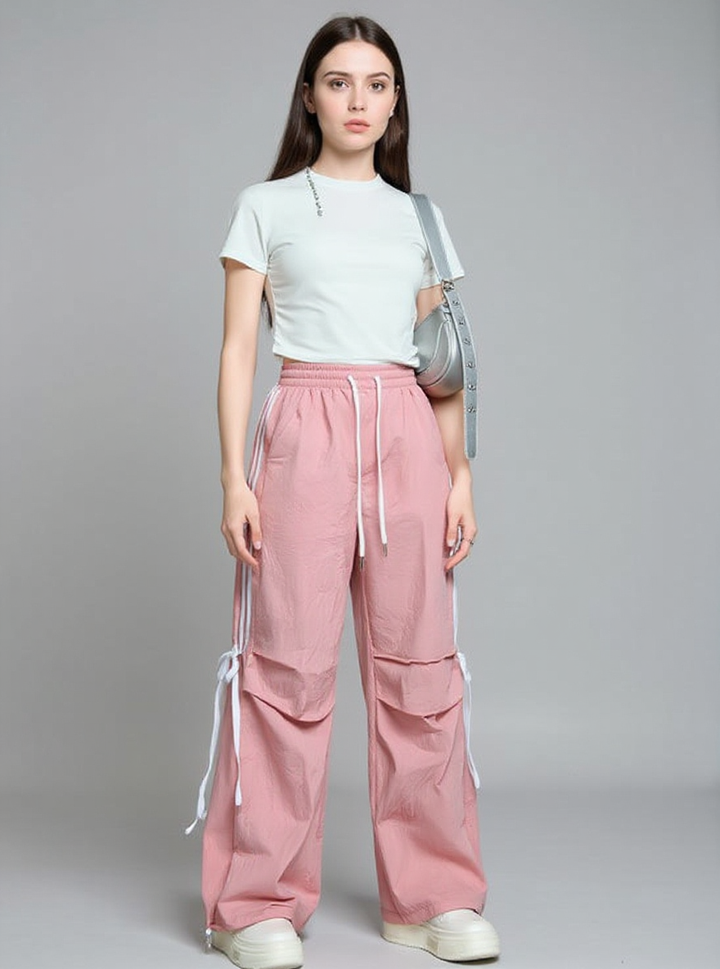 Pink Wide Leg Drawstring Stripe Pin Tuck Sweatpants