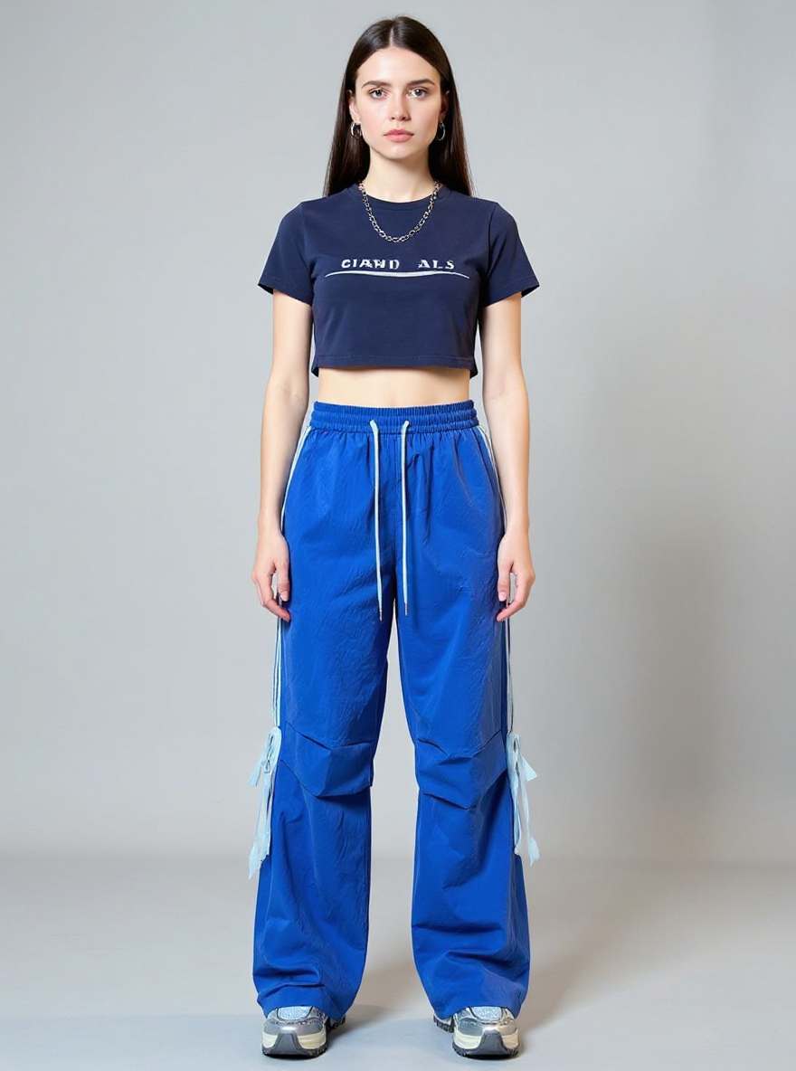 Navy Blue Wide Leg Drawstring Stripe Pin Tuck Sweatpants