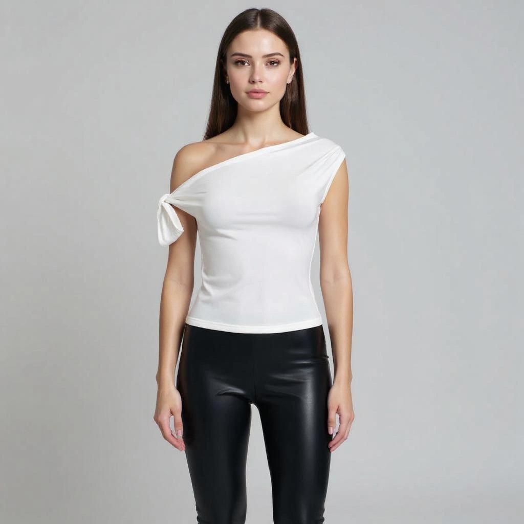 White Off-Shoulder Tie Up Strap Top
