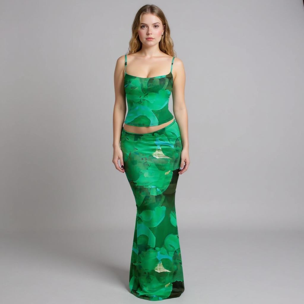 Green Spaghetti Strap Top With Fitted Skirt Co-Ord Set