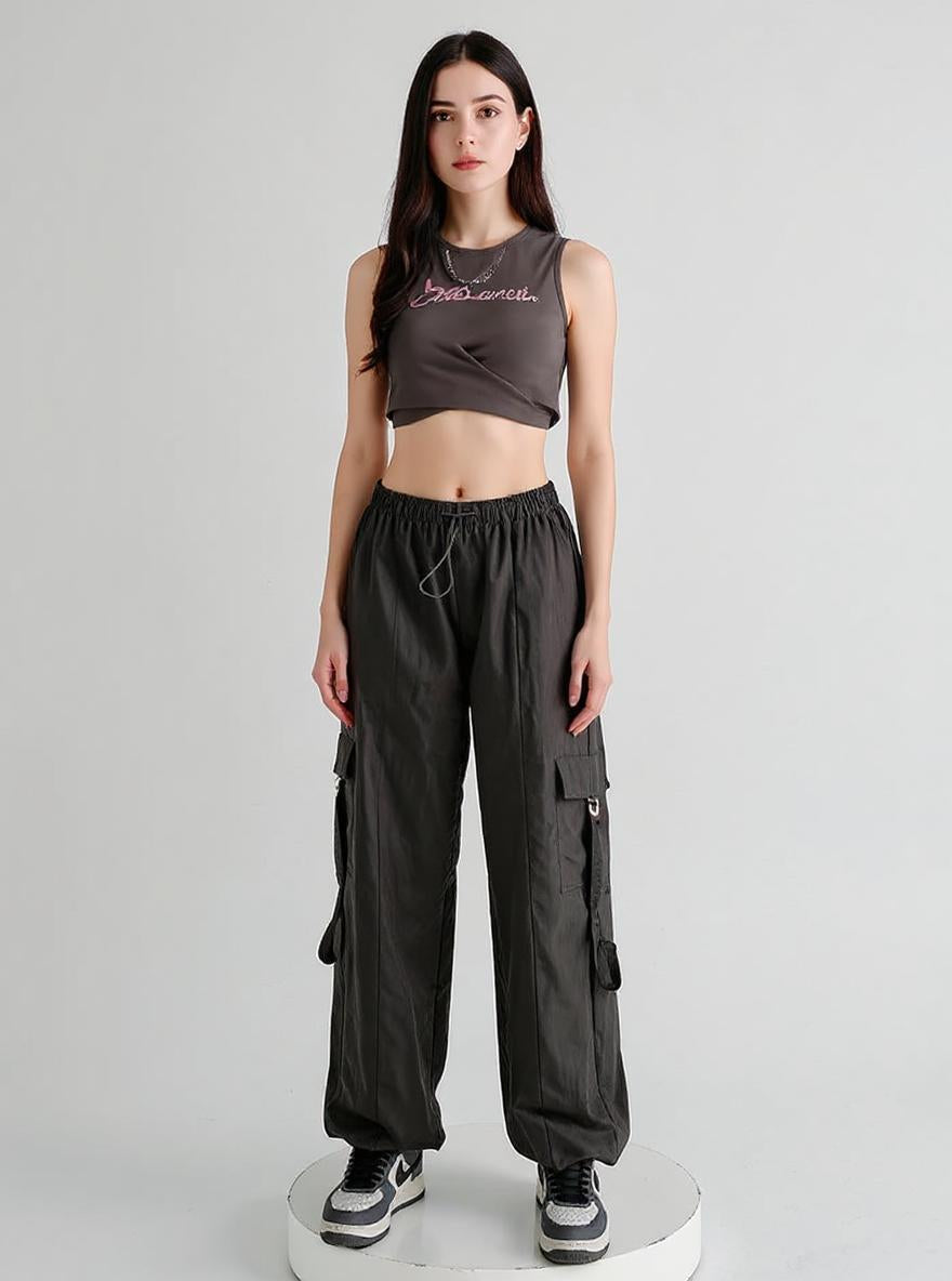 Charcoal Straight Fit Drawstring Parachute Cargo Pants