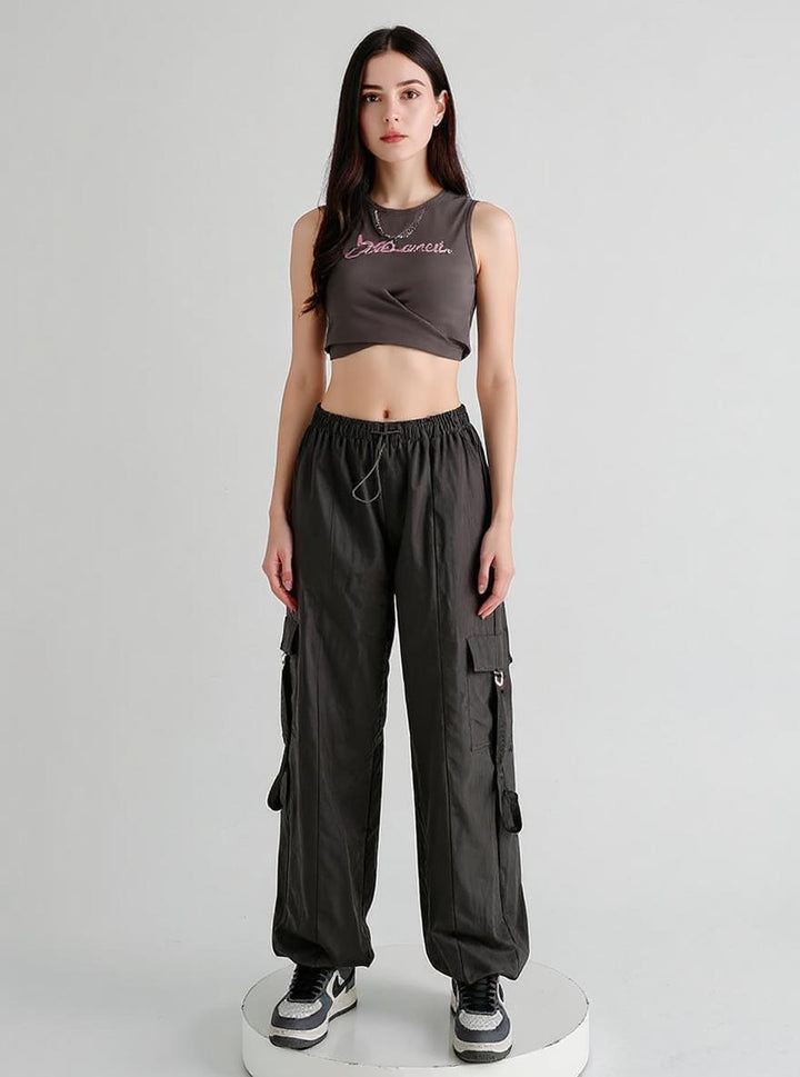 Charcoal Straight Fit Drawstring Parachute Cargo Pants